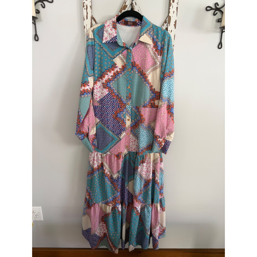 Patchwork Floral Print Boho Maxi Dress Tie Waist Size Large